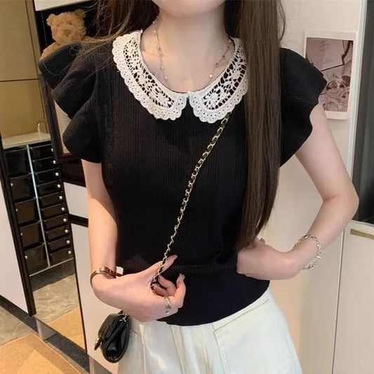 Sleeveless Round Neck Lace Collared Plain Knit Top