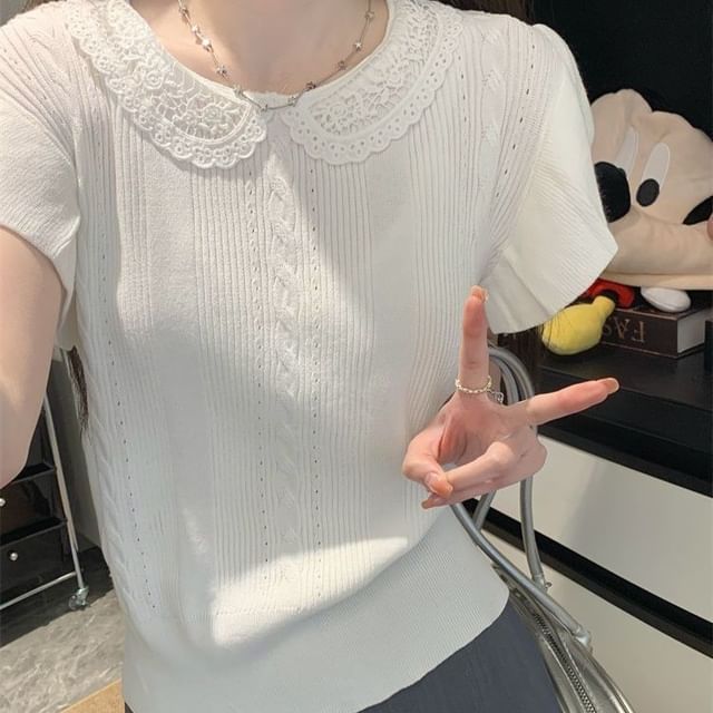 Sleeveless Round Neck Lace Collared Plain Knit Top