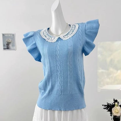 Sleeveless Round Neck Lace Collared Plain Knit Top