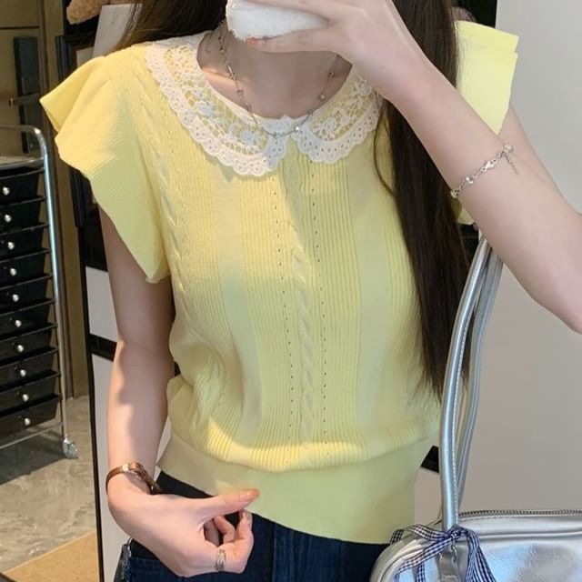 Sleeveless Round Neck Lace Collared Plain Knit Top