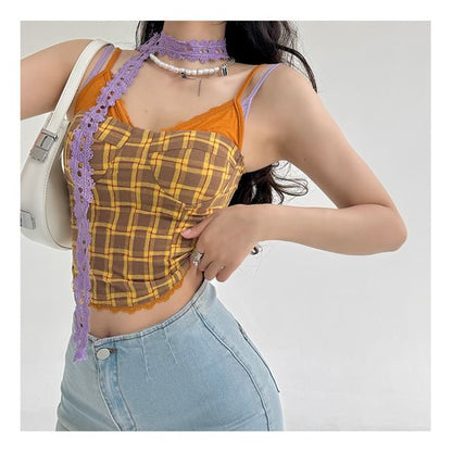 Slim Fit Plaid Lace Trim Crop Cami Top