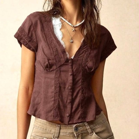 Slim-Fit Lace Cap Sleeve Blouse with Mock Two-Piece Panel