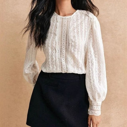 Puff Sleeve Plain Lace See-Through Loose-Fit Blouse