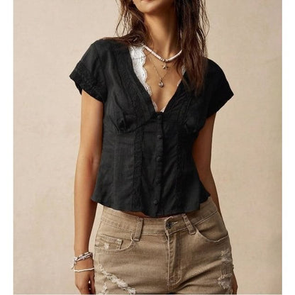 Slim-Fit Lace Cap Sleeve Blouse with Mock Two-Piece Panel