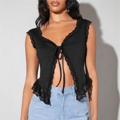 V-Neck Plain Lace-Trim Tie-Front Slim-Fit Tank Top