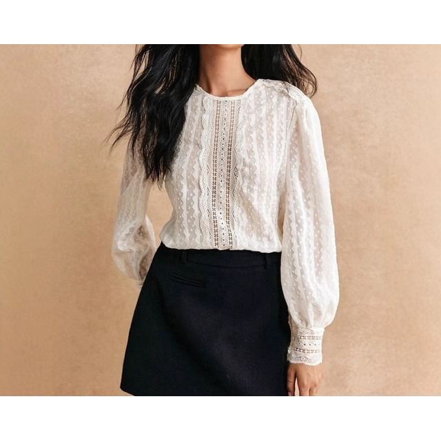 Puff Sleeve Plain Lace See-Through Loose-Fit Blouse