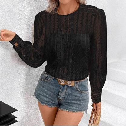 Puff Sleeve Plain Lace See-Through Loose-Fit Blouse
