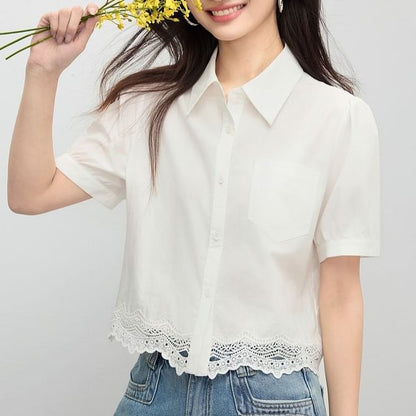 Short Sleeve Collared Lace Panel Shirt