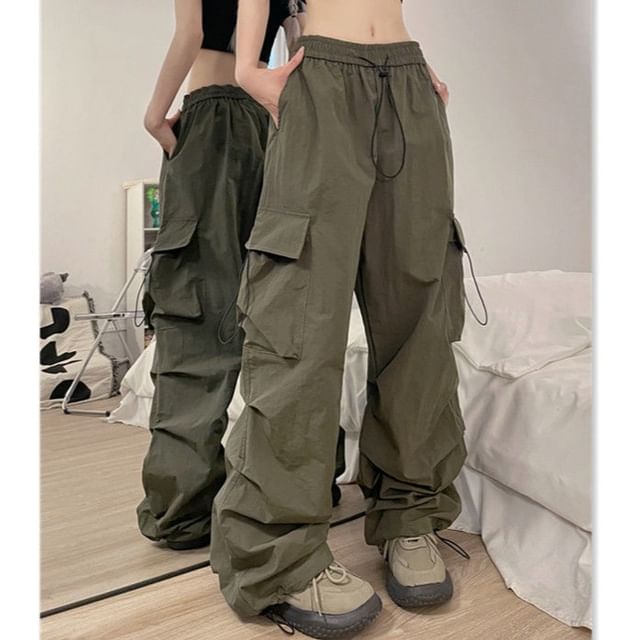 Drawstring Waist Plain Ruched Baggy Cargo Pants