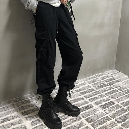 Drawstring Waist Plain Buckled Loose Fit Cargo Pants