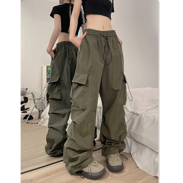 Drawstring Waist Plain Ruched Baggy Cargo Pants
