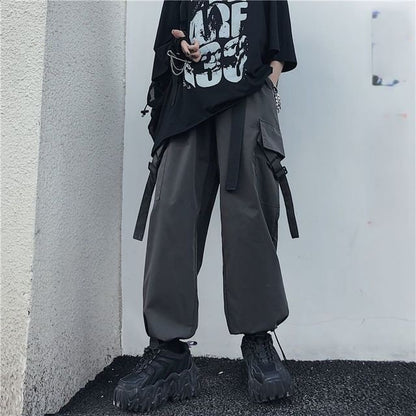 Drawstring Waist Plain Buckled Loose Fit Cargo Pants