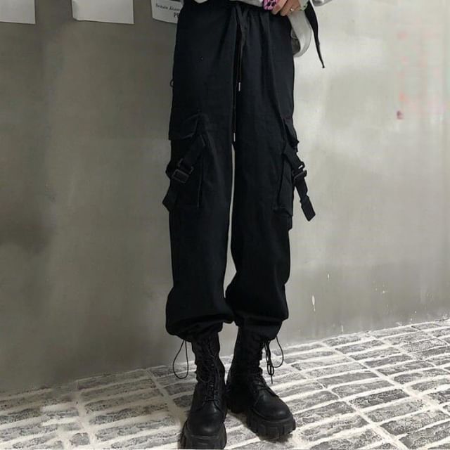 Drawstring Waist Plain Buckled Loose Fit Cargo Pants