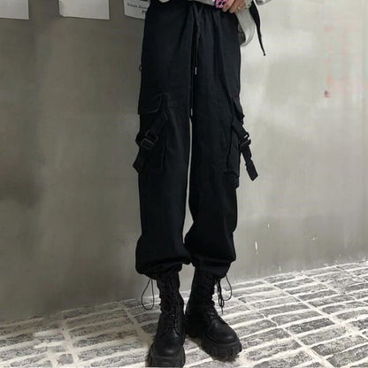 Drawstring Waist Plain Buckled Loose Fit Cargo Pants