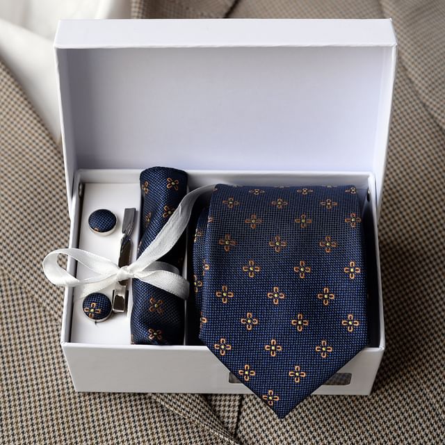 Set:  Neck Tie + Pocket Square + Tie Clip + Cufflinks (Various Designs)