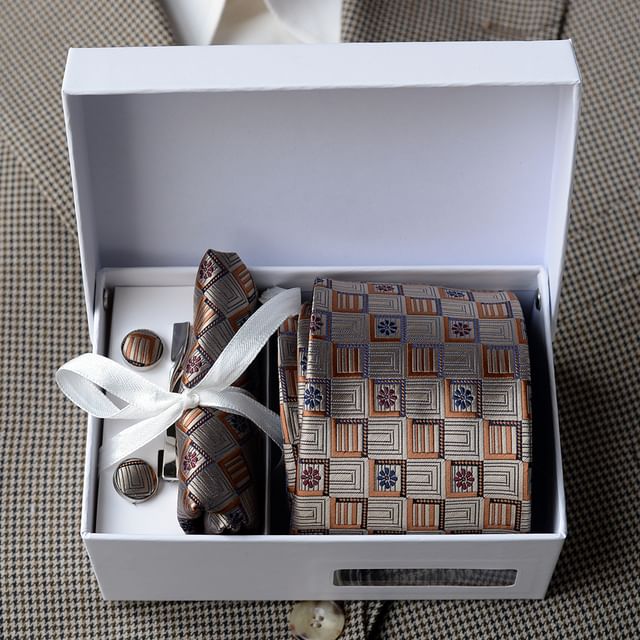 Set:  Neck Tie + Pocket Square + Tie Clip + Cufflinks (Various Designs)