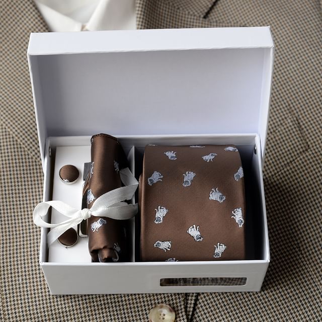 Set:  Neck Tie + Pocket Square + Tie Clip + Cufflinks (Various Designs)
