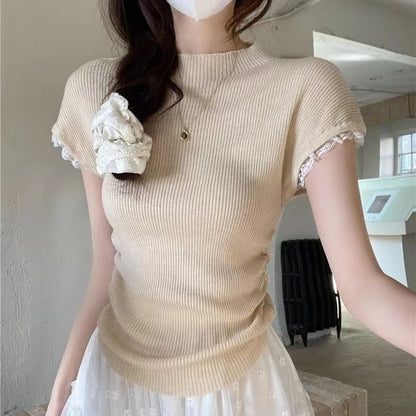 Mock Neck Ribbed Lace Trim Knit Top