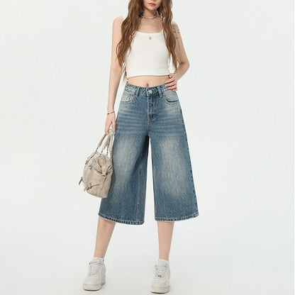 Mid Waist Washed Wide Leg Jorts