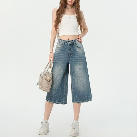 Mid Waist Washed Wide Leg Jorts