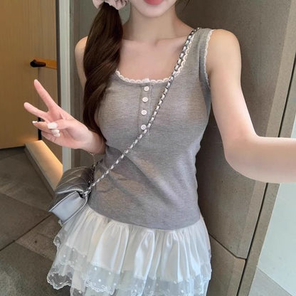 Scoop Neck Ribbed Lace Trim Crop Tank
