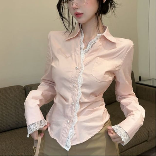 Long Sleeve Slim Fit Lace Panel Shirt