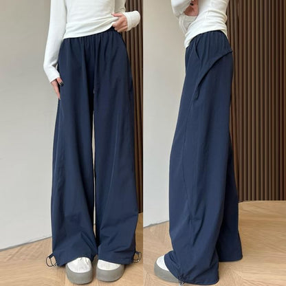 Elastic Waist Plain Drawstring Hem Wide Leg Cargo Pants