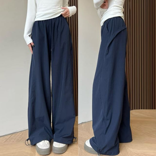 Elastic Waist Plain Drawstring Hem Wide Leg Cargo Pants