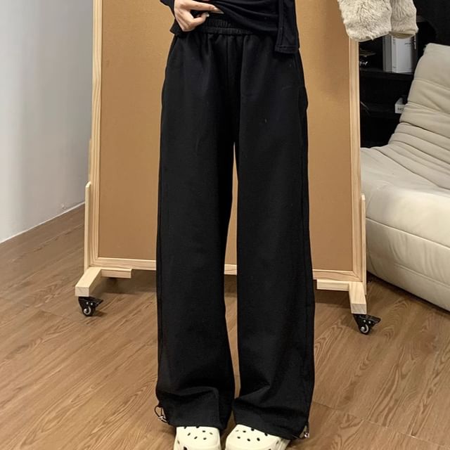 Elastic Waist Plain Drawstring Hem Wide Leg Cargo Pants
