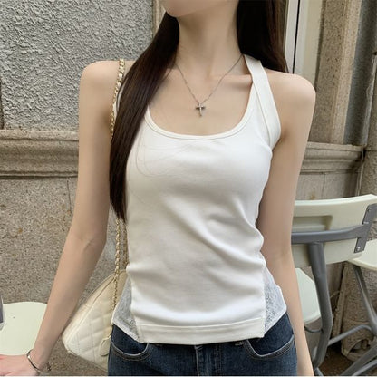 Scoop Neck Lace Panel Crop Tank Top