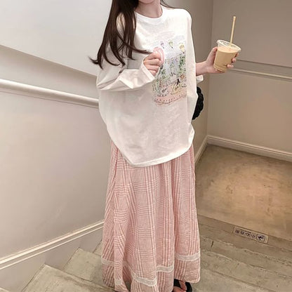 Long-Sleeve Round Neck Printed Tee / High Rise Gingham Lace Trim Midi A-Line Skirt