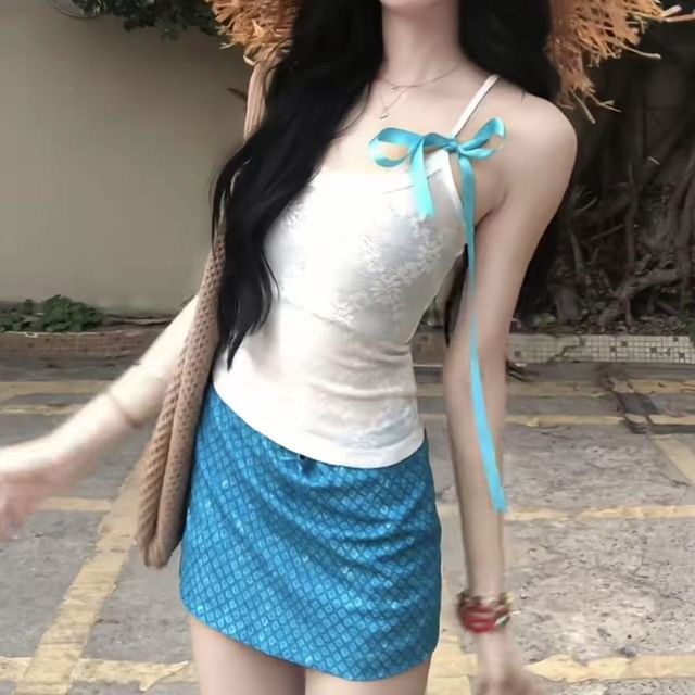 Lace Cami Top & Plaid Mini Pencil Skirt