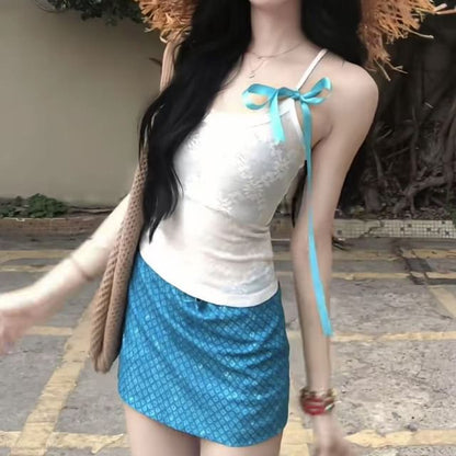 Lace Cami Top & Plaid Mini Pencil Skirt