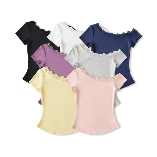 One-Shoulder Short Sleeve Lace Trim T-Shirt