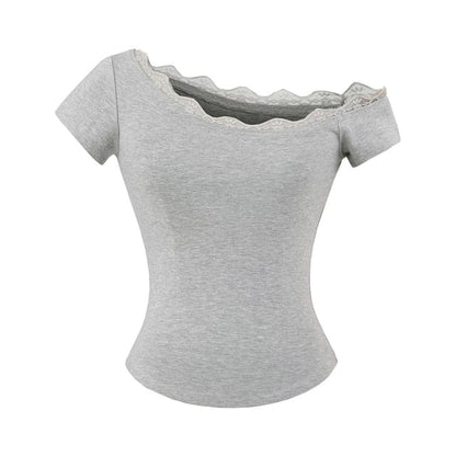 One-Shoulder Short Sleeve Lace Trim T-Shirt