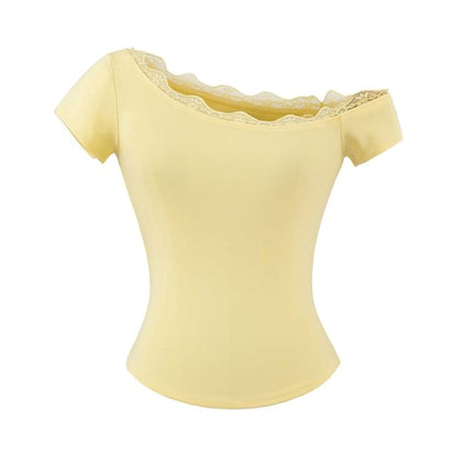One-Shoulder Short Sleeve Lace Trim T-Shirt