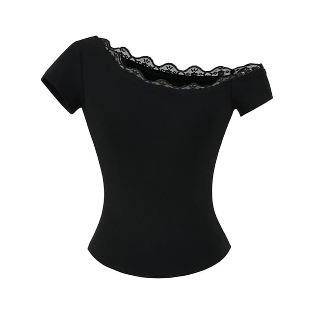 One-Shoulder Short Sleeve Lace Trim T-Shirt