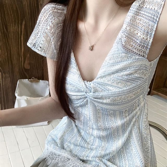 Short-Sleeve V-Neck Striped Knotted Lace Trim Blouse