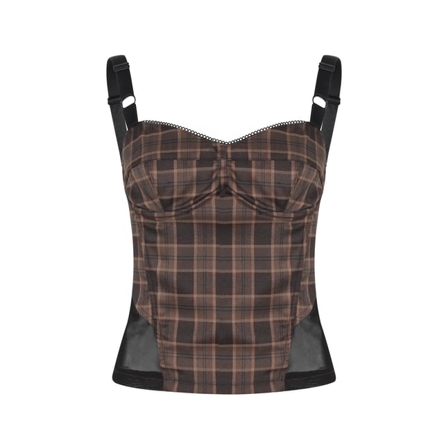 Plaid Lace Cami & Side-Slit Mini Skirt Set