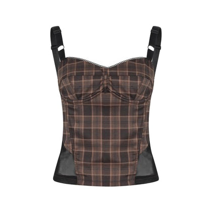 Plaid Lace Cami & Side-Slit Mini Skirt Set