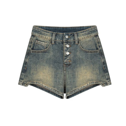 Mid Rise Washed Asymmetrical Denim Hot Pants
