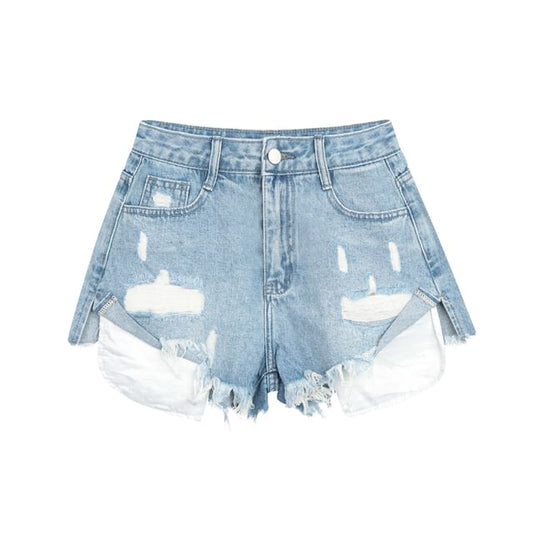 Mid Rise Washed Distressed Denim Hot Pants