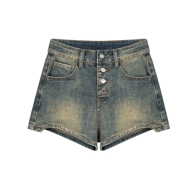 Mid Rise Washed Asymmetrical Denim Hot Pants