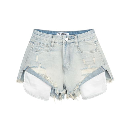 Mid Rise Washed Distressed Denim Hot Pants