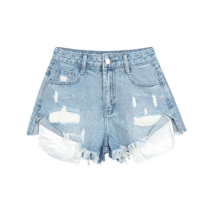 Mid Rise Washed Distressed Denim Hot Pants