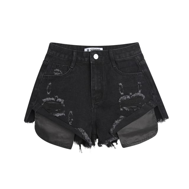 Mid Rise Washed Distressed Denim Hot Pants