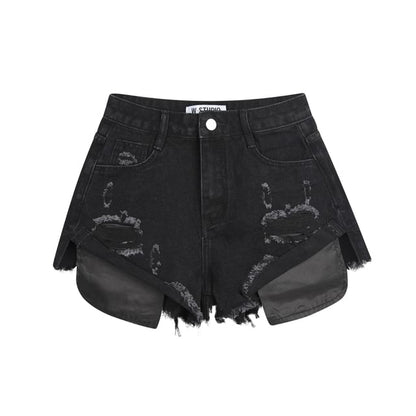 Mid Rise Washed Distressed Denim Hot Pants