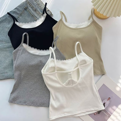 Mock Two-Piece Scoop Neck Lace Trim Padded Open Back Crop Camisole Top