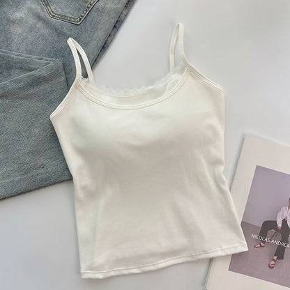 Mock Two-Piece Scoop Neck Lace Trim Padded Open Back Crop Camisole Top