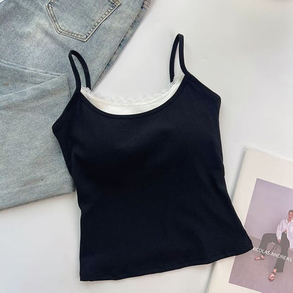 Mock Two-Piece Scoop Neck Lace Trim Padded Open Back Crop Camisole Top